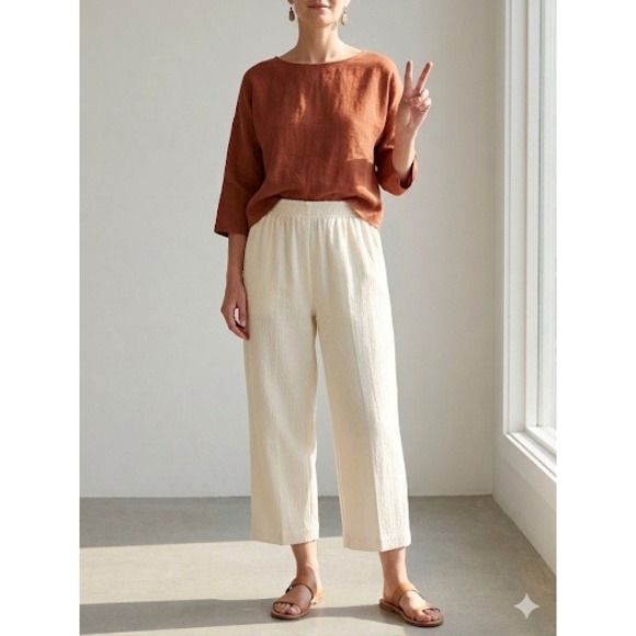 Alfred Dunner Pants - Alfred Dunner Vintage Cream Linen Blend High Rise Elastic Waist Pants sz 10 USA
